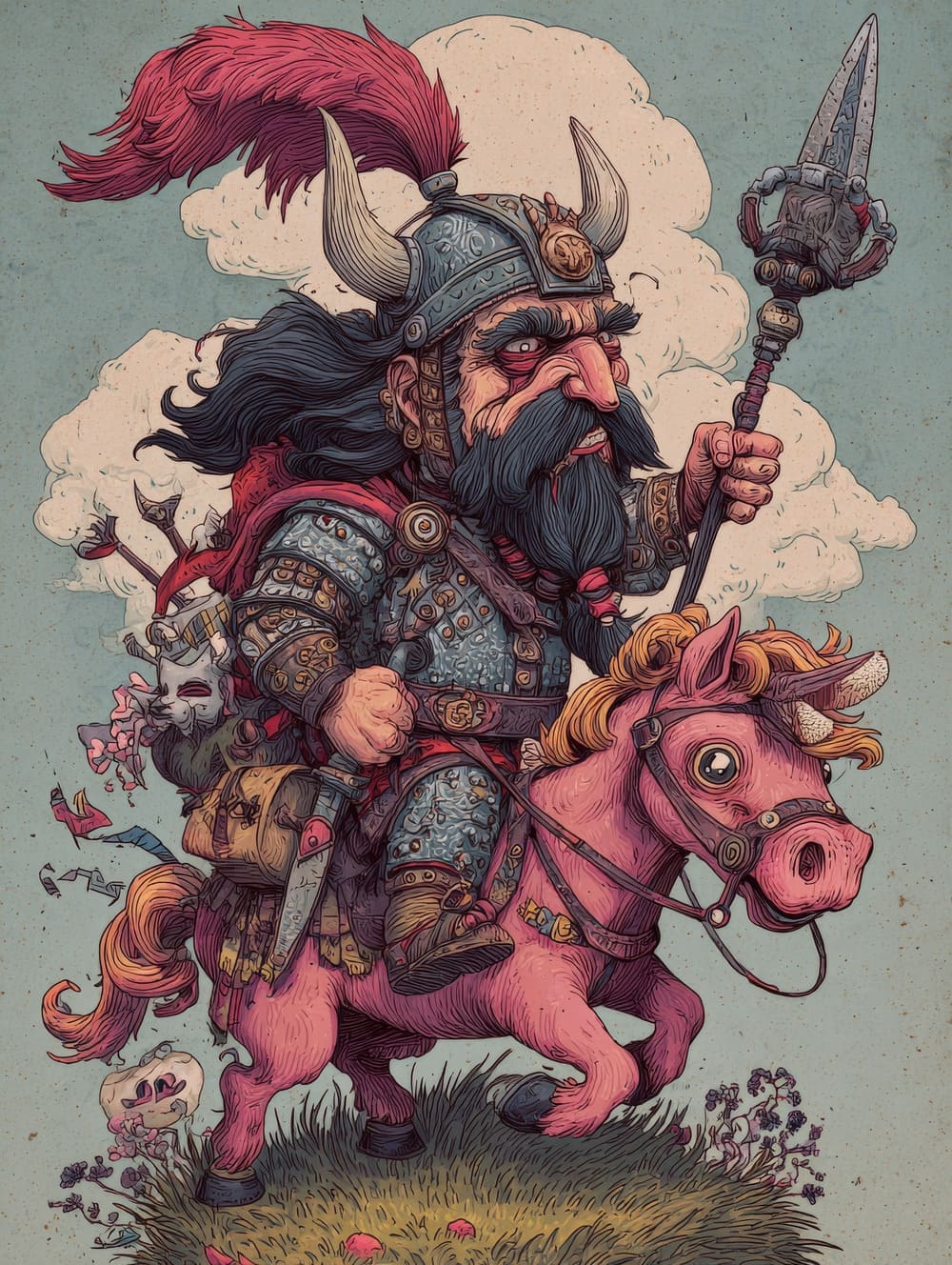 Tableau Attila sur un Petit Poney Rose