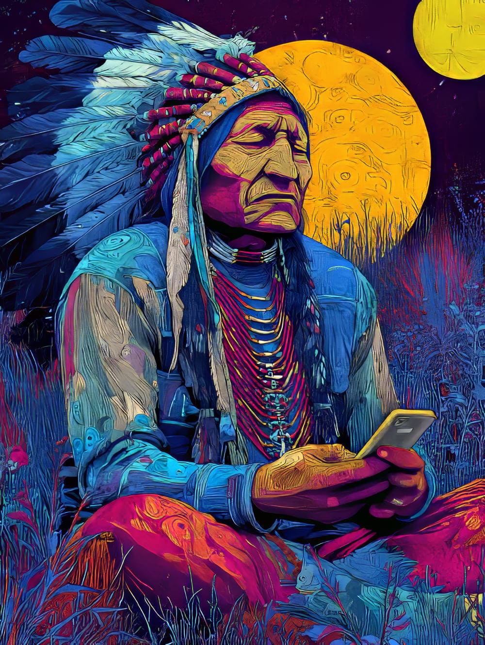 Tableau Sitting Bull Médite avec un Téléphone