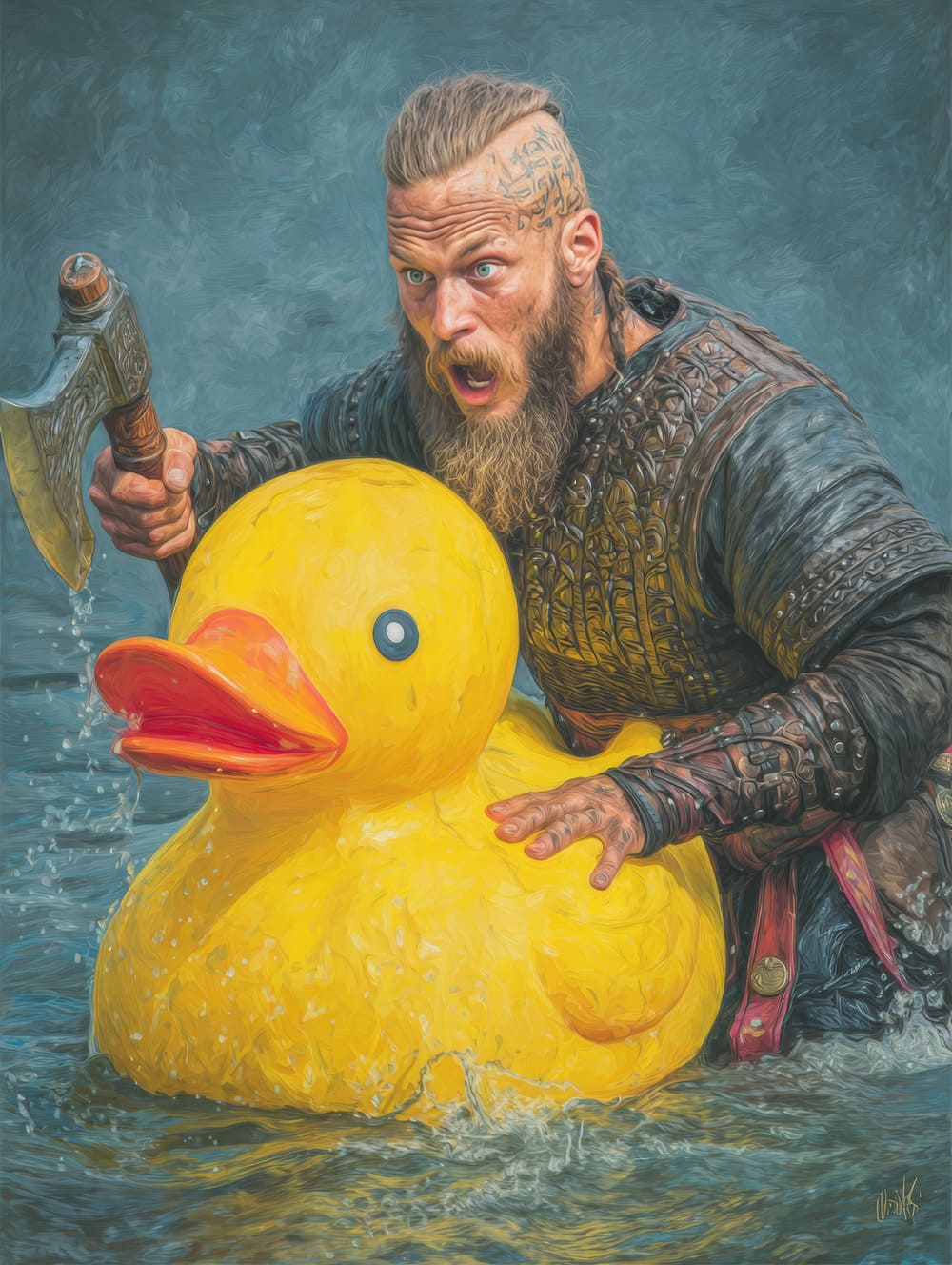 Tableau Ragnar Lothbrok Attaque avec un Poussin Jaune