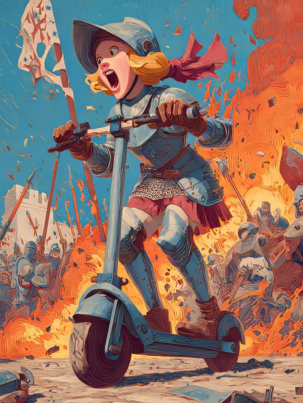 Tableau Jeanne d'Arc Fuit le Bucher en Trotinette