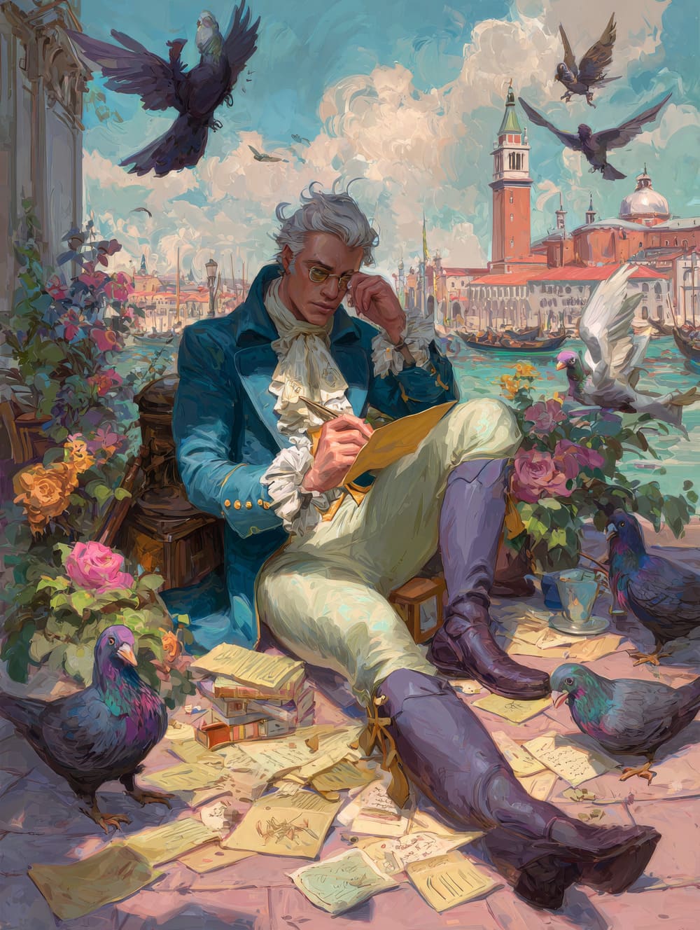 Tableau Casanova Ecrit Moultes Lettres d'Amours Devant des Pigeons Jaloux