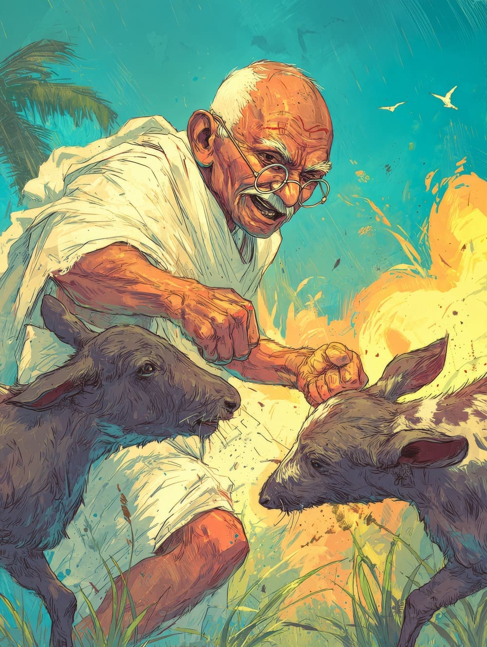 Tableau Gandhi Sépare Deux Chèvres Violentes