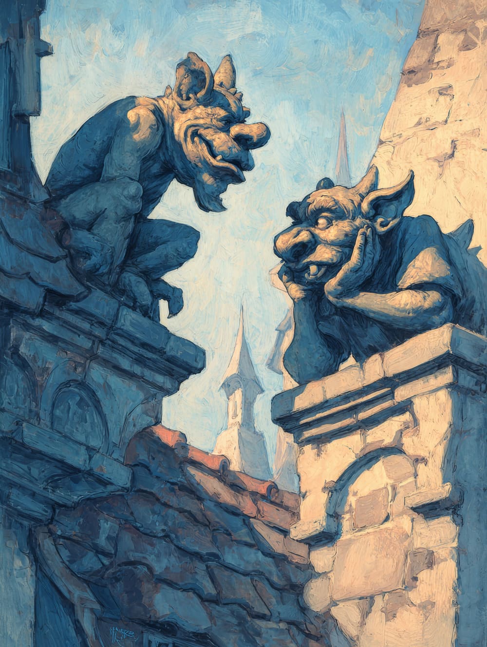 Tableau Deux Gargouilles Discutent sur le Toit