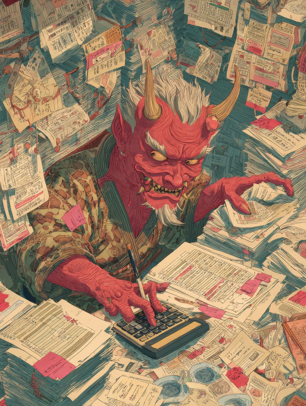 Tableau Le Démon Japonais Oni fait les Comptes