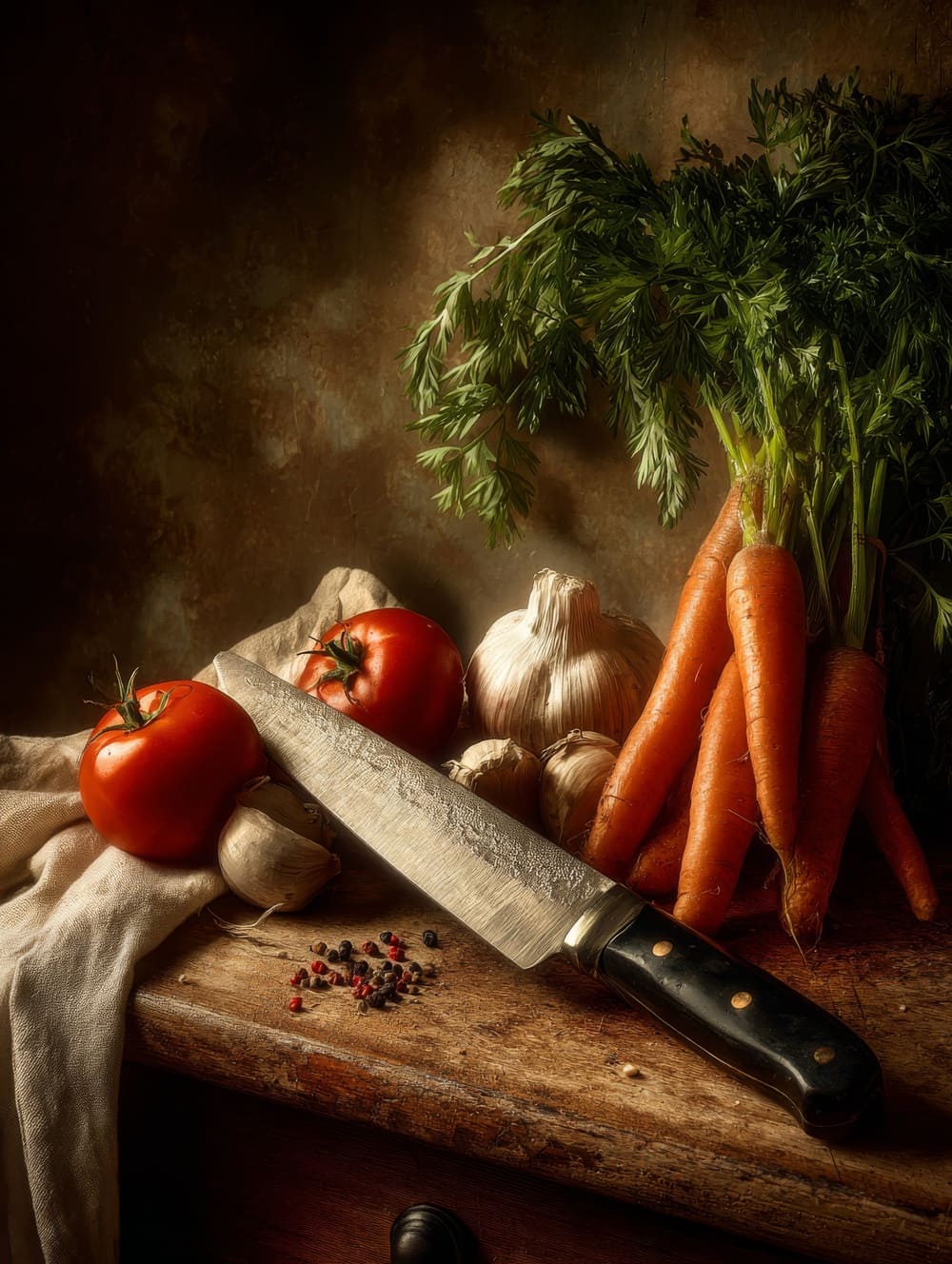 Tableau Couteau & Légumes (Nature Morte Élégante)