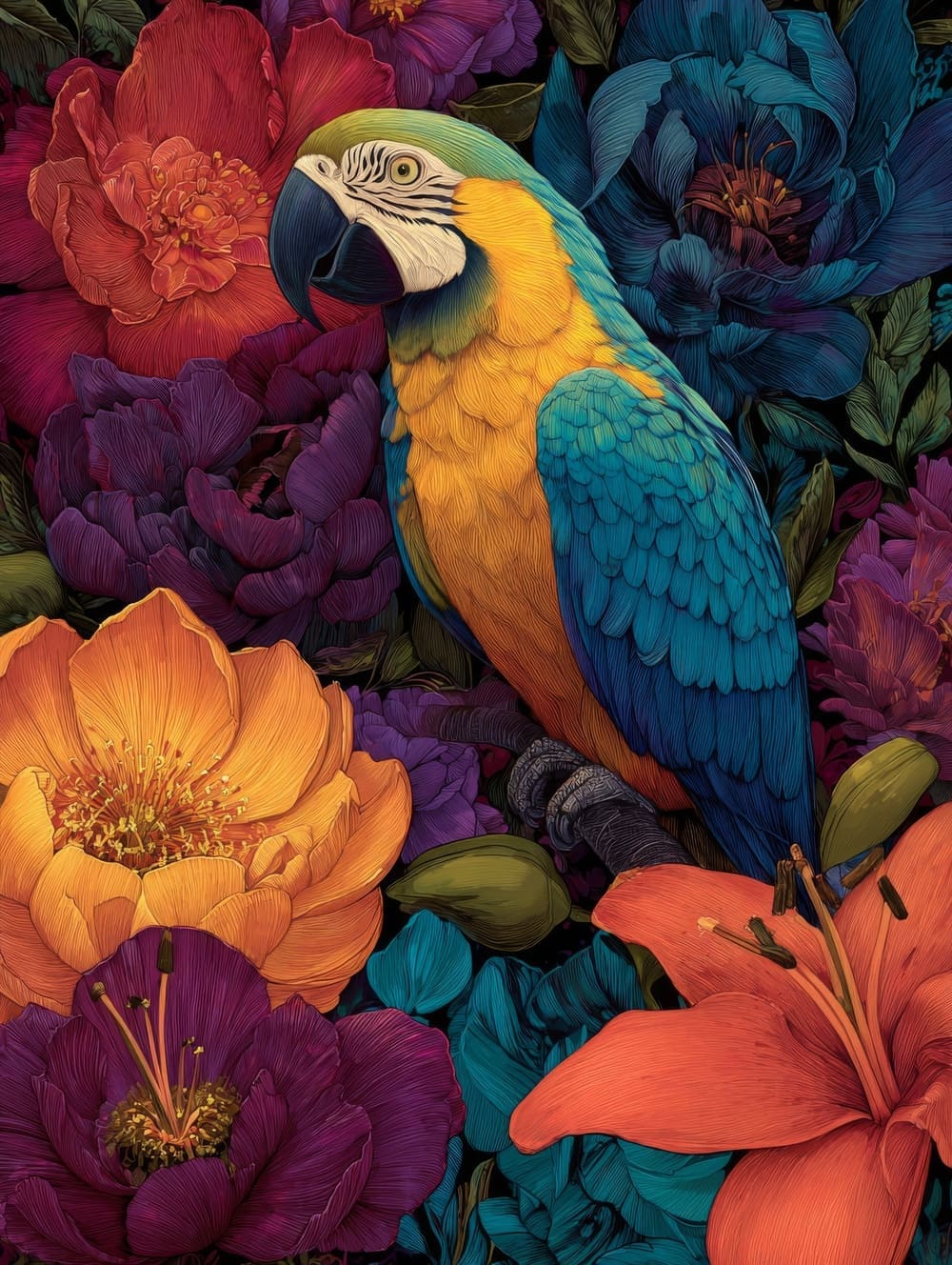 Tableau Perroquet et Fleurs