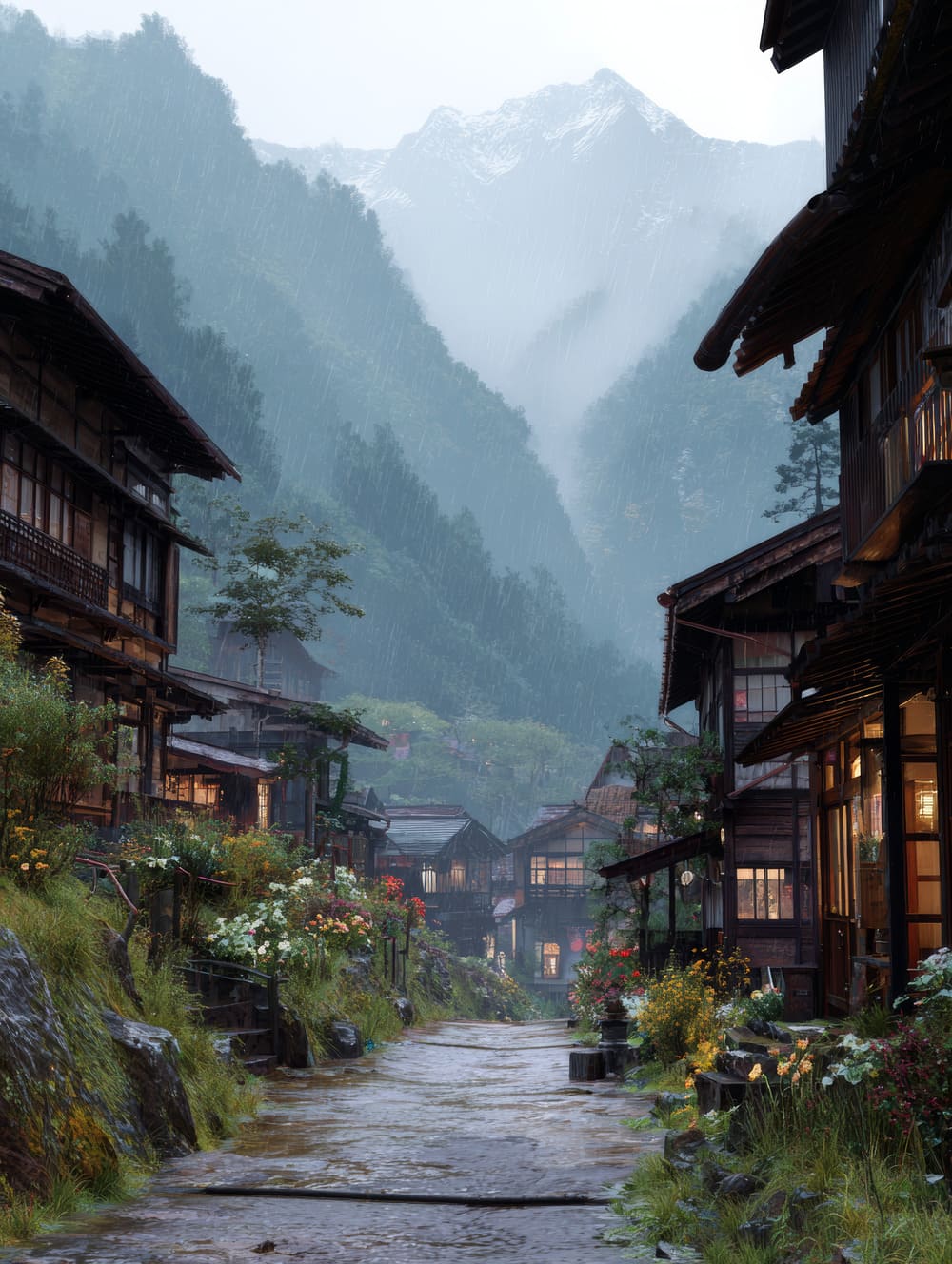 Tableau Village Japonais de Montagne