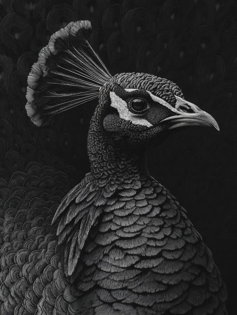 Tableau Paon En Noir & Blanc (Plumes Graphiques)