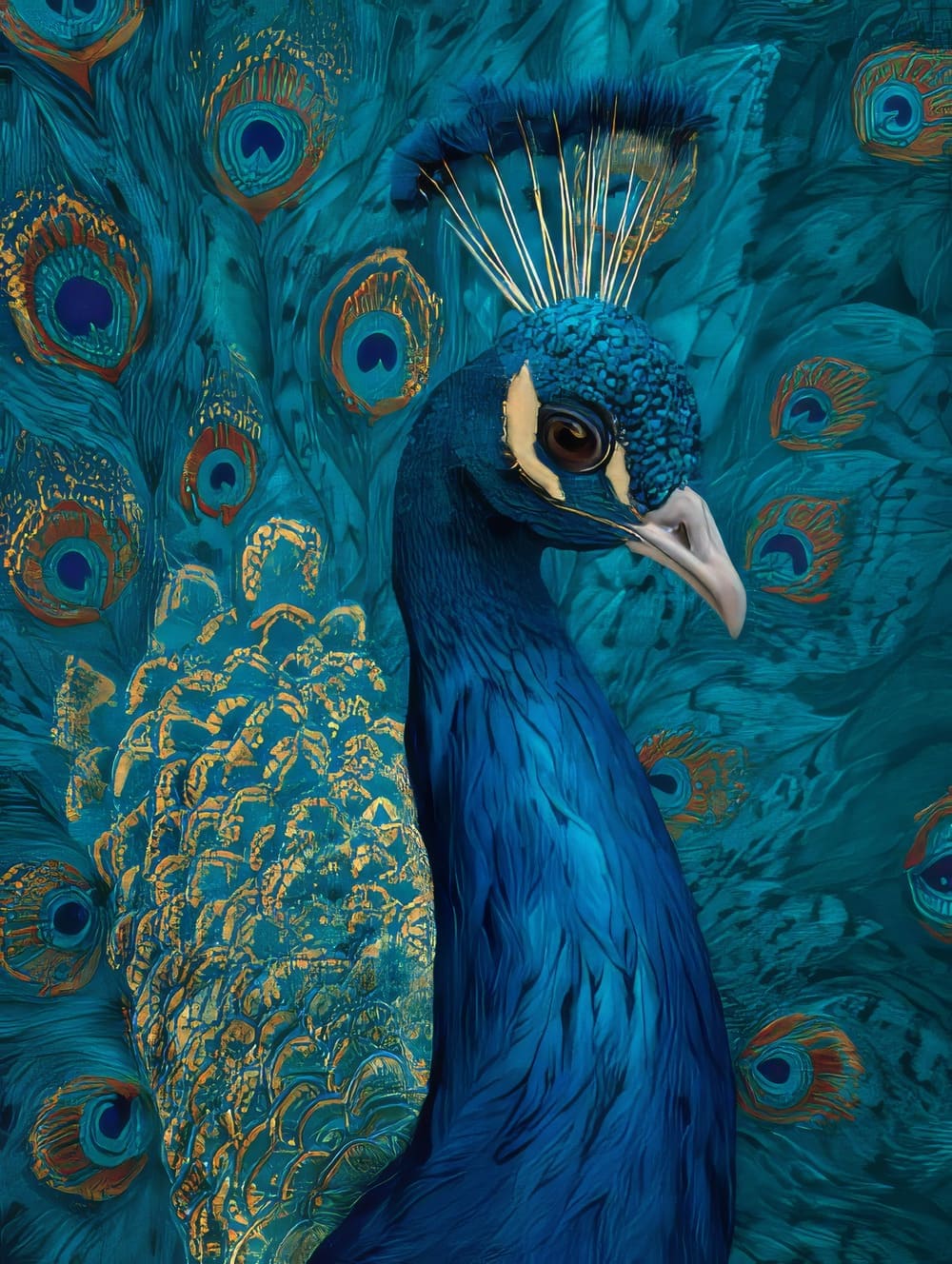 Tableau Paon Luxe (Bleu Profond & Or Discret)