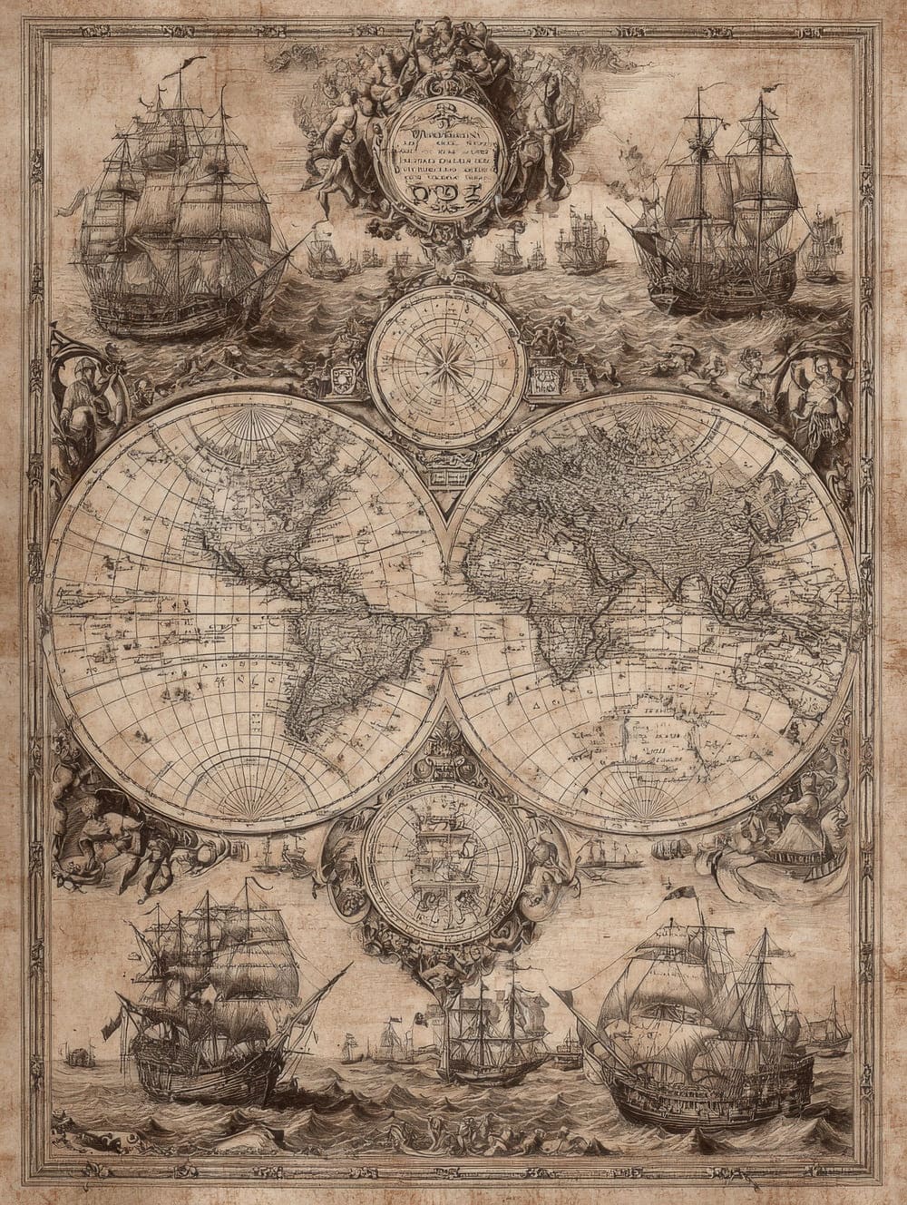 Tableau Carte du Monde Ancienne Gravure Marine