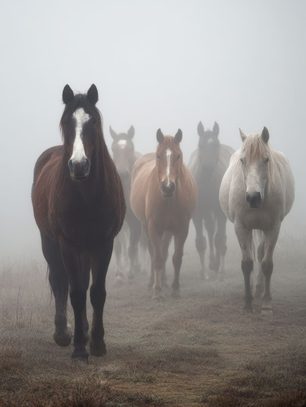 Tableau Chevaux Dans La Brume Matinale (Groupe)