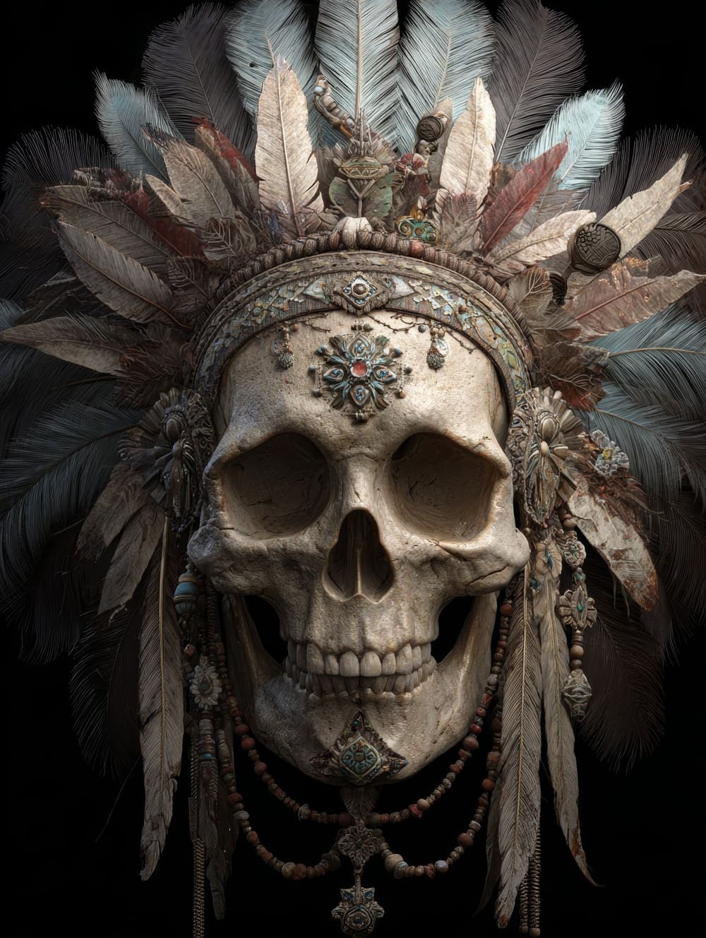 Tableau Crâne Amérindien Plumes Sacrées
