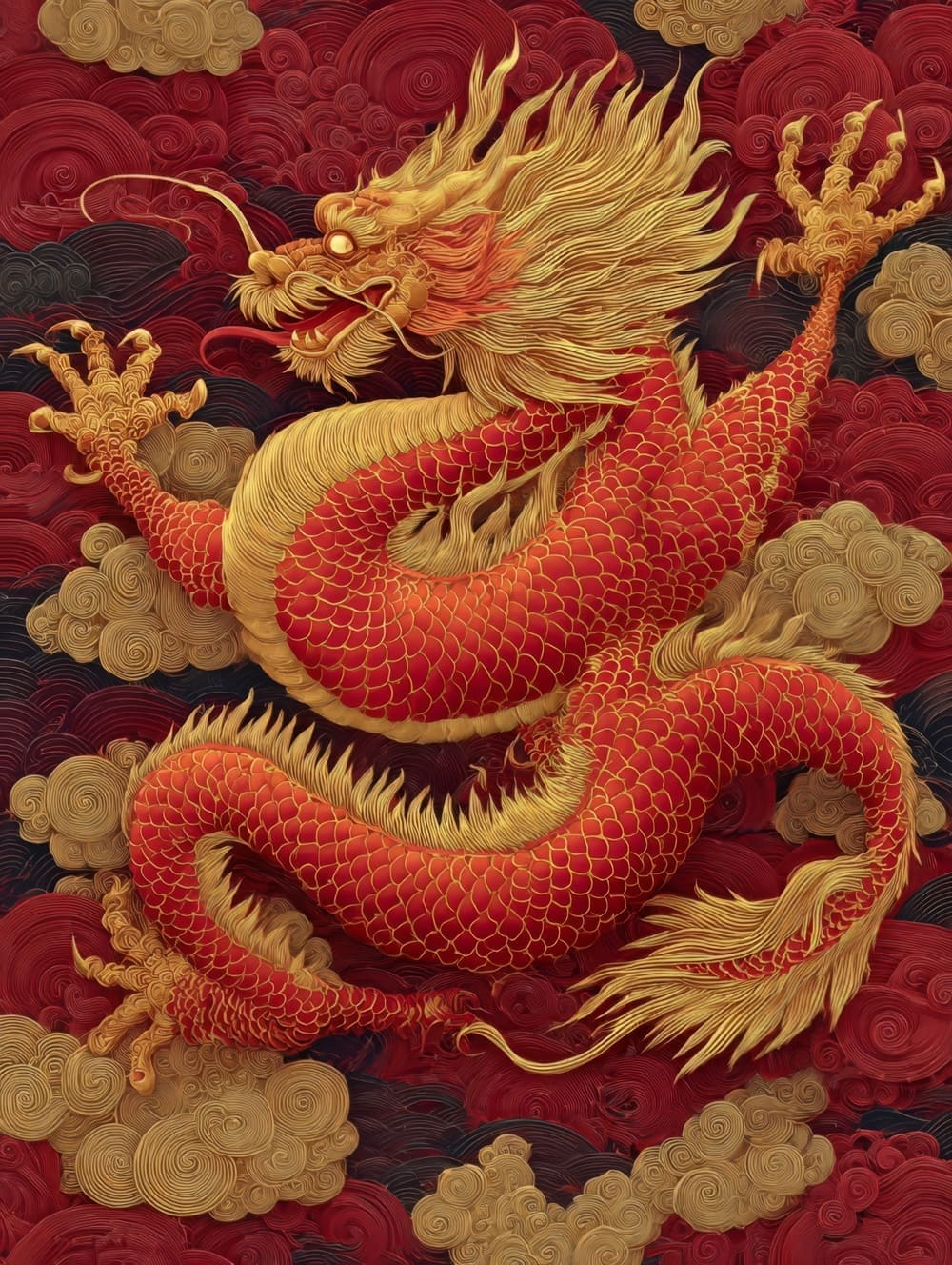 Tableau Dragon Oriental Nuages Dorés