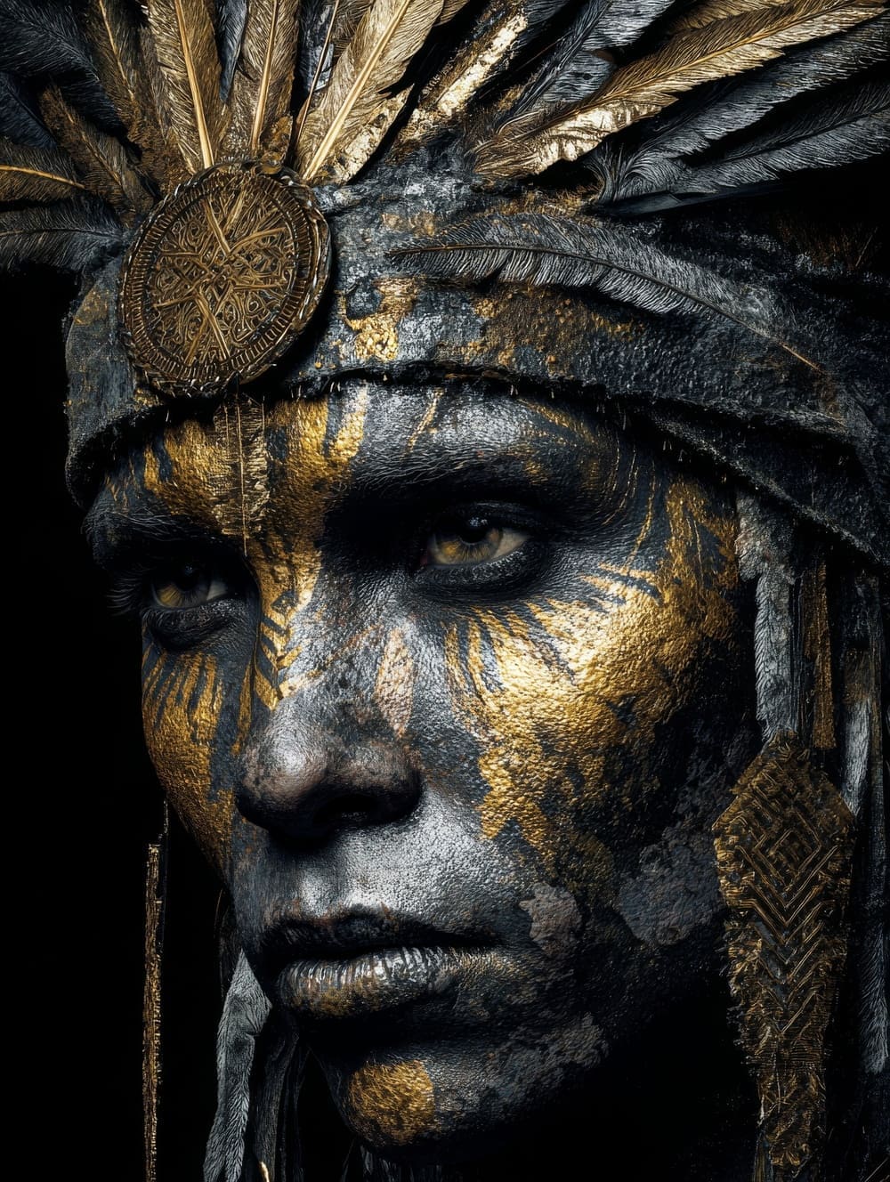 Tableau Guerrier Amérindien Noir & Or