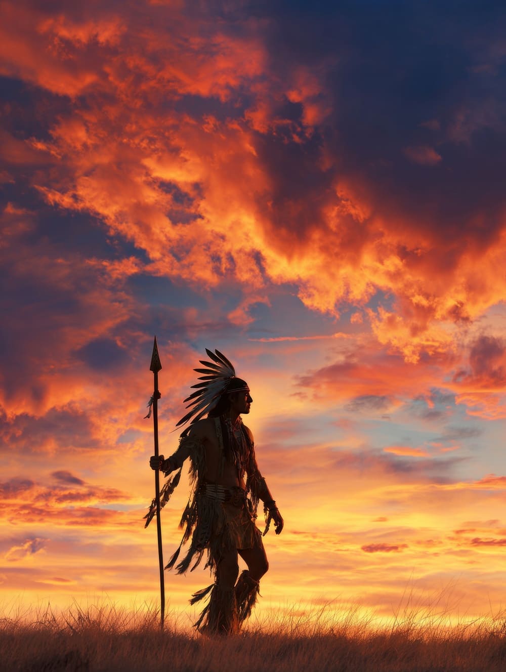 Tableau Guerrier Amérindien Silhouette Couché de Soleil