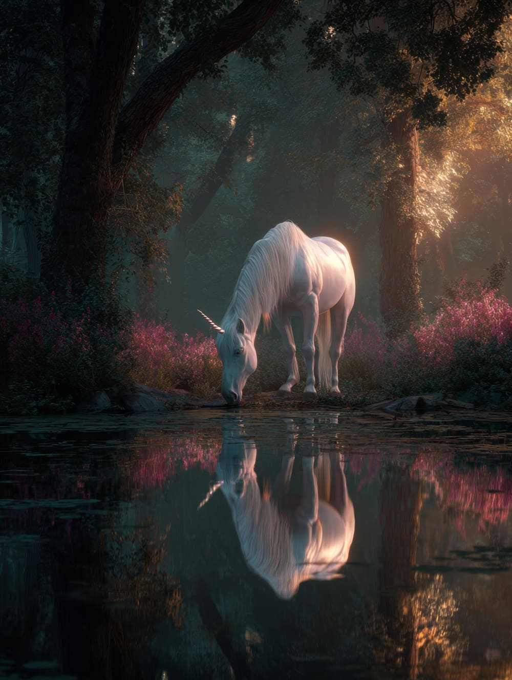 Tableau Licorne au Bord d’un Lac Miroir