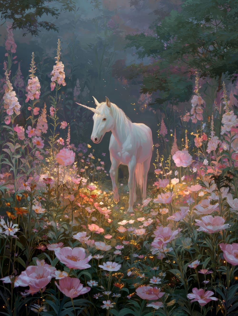 Tableau Licorne et Fleurs Lumineuses