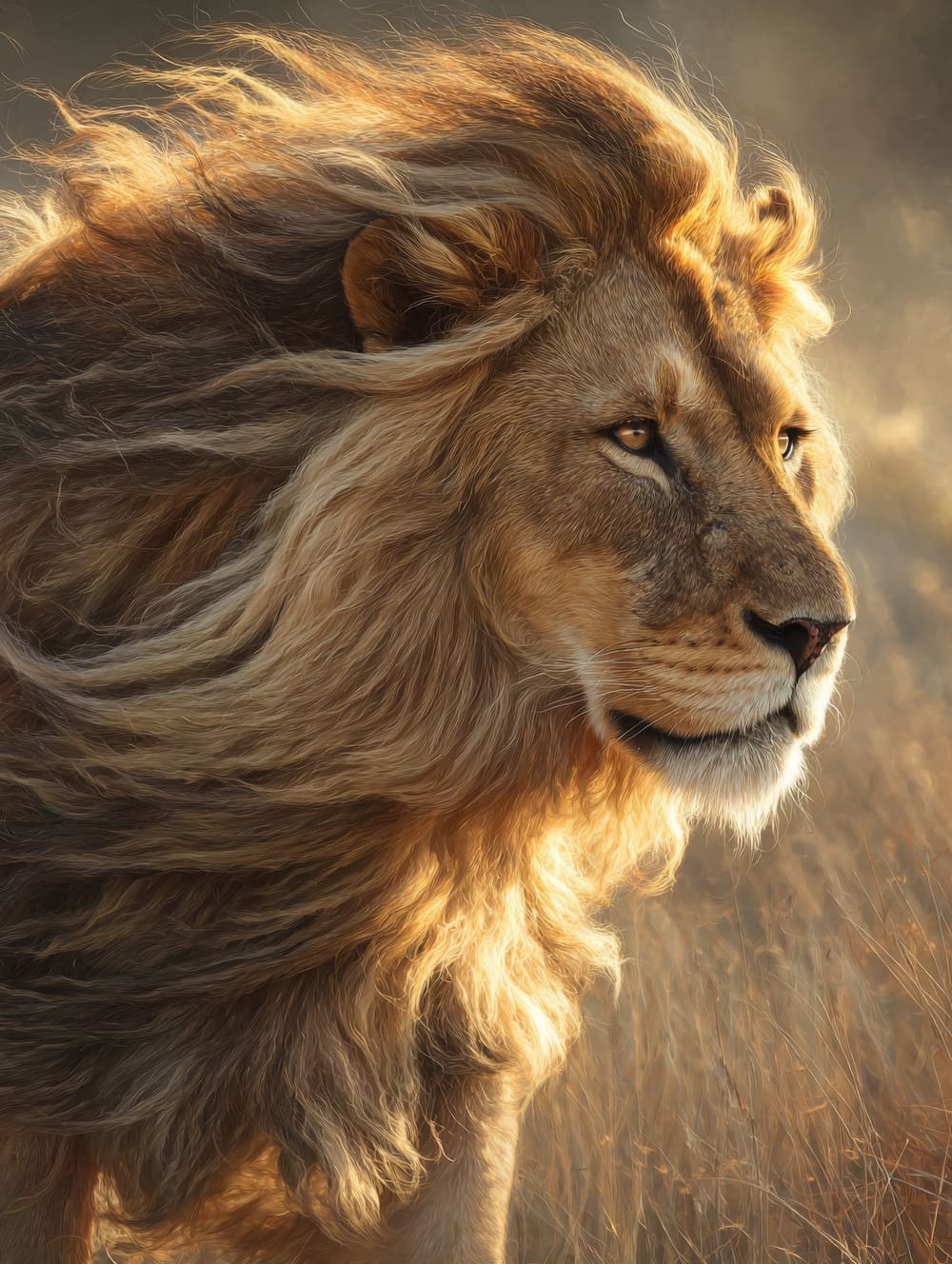 Tableau Lion Crinière Dorée au Vent
