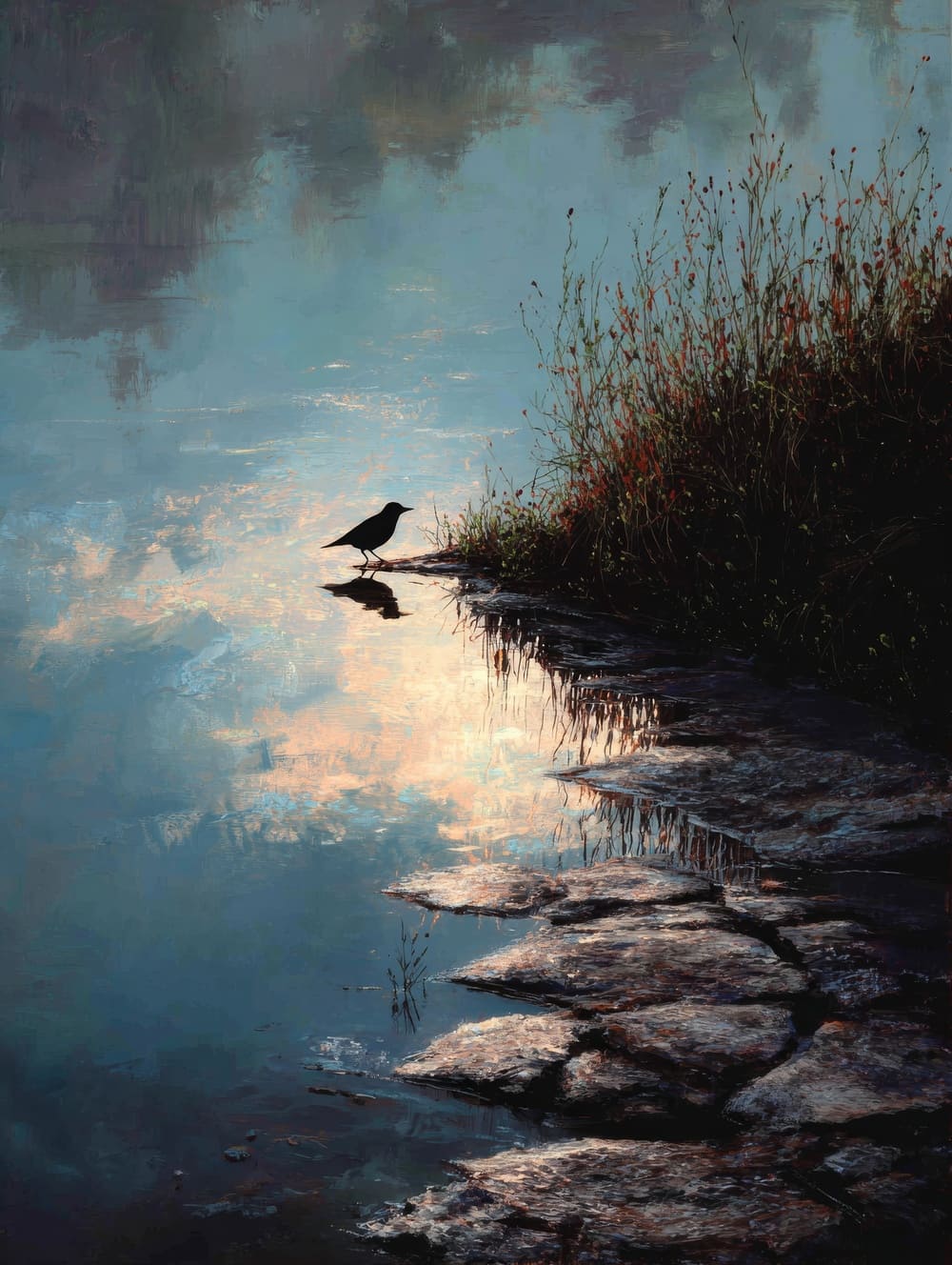 Tableau Oiseau Posé au Bord de l’Eau