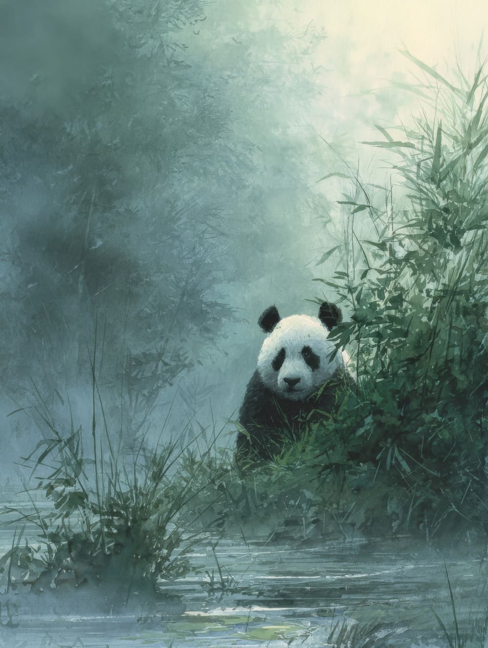Tableau Panda au Lever du Jour dans la Brume