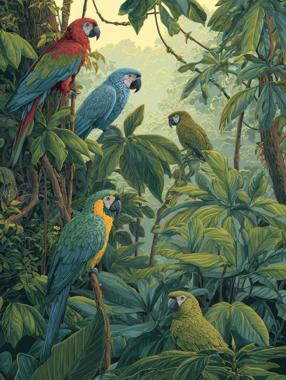 Tableau Perroquets en Groupe dans la Canopée